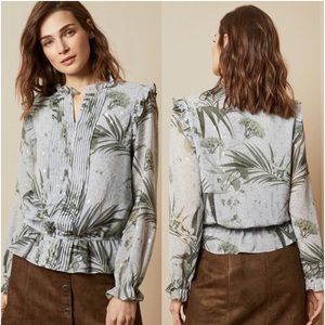 TED BAKER TIBBINE PINTUCK L SLEEVE TOP BLOUSE 1/4 ZIP FRONT LEAF METALLIC PEPLUM